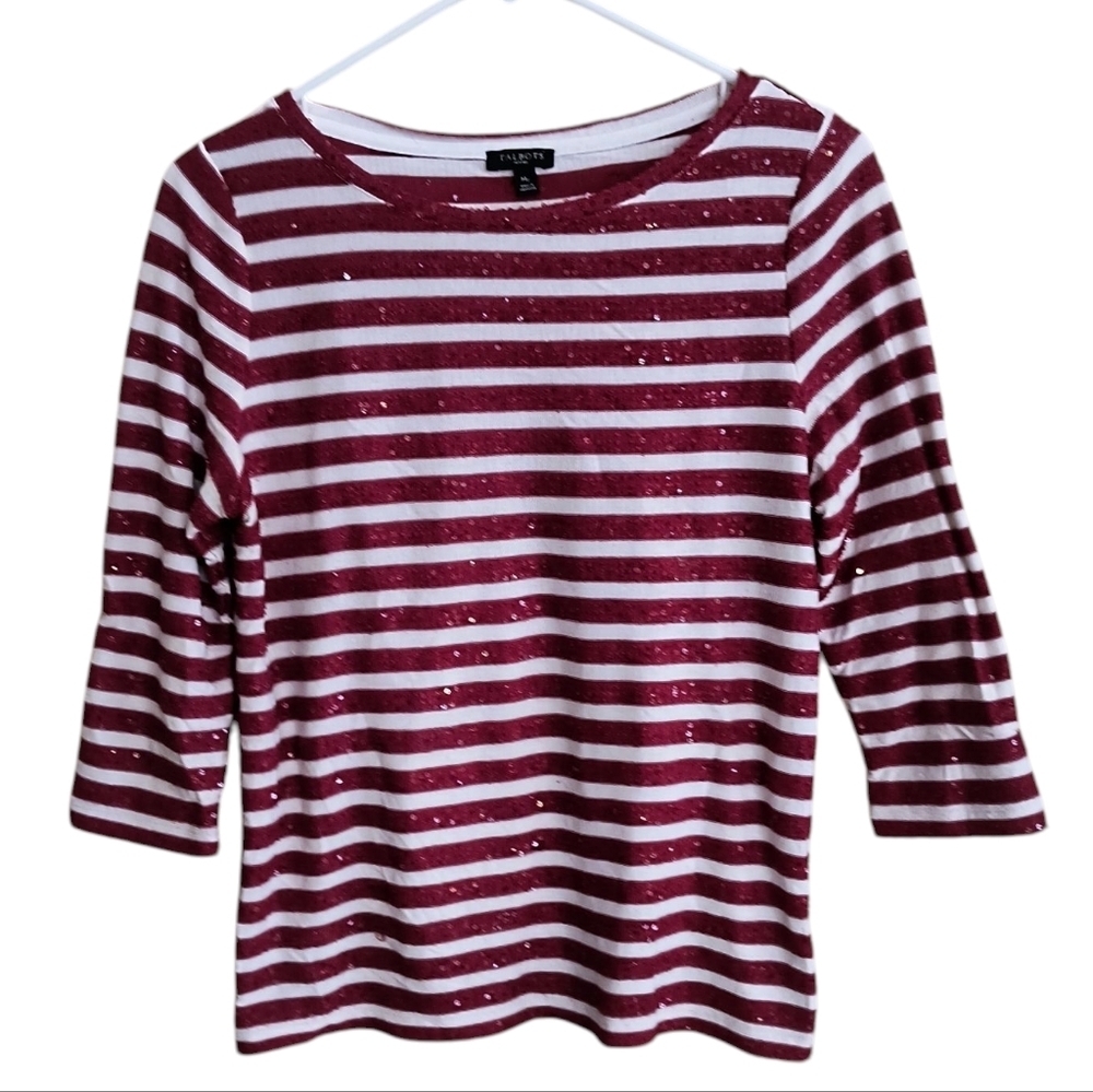 Talbots Petites Red/White Sequined Striped Crew Neck 3/4 Sleeves Top Size Mp